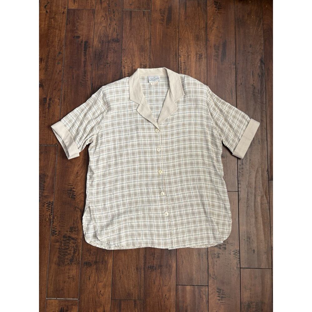 Vintage Park Place Button Up Shirt Womens L Beige Shoulderpads Plaid 90s Indie
